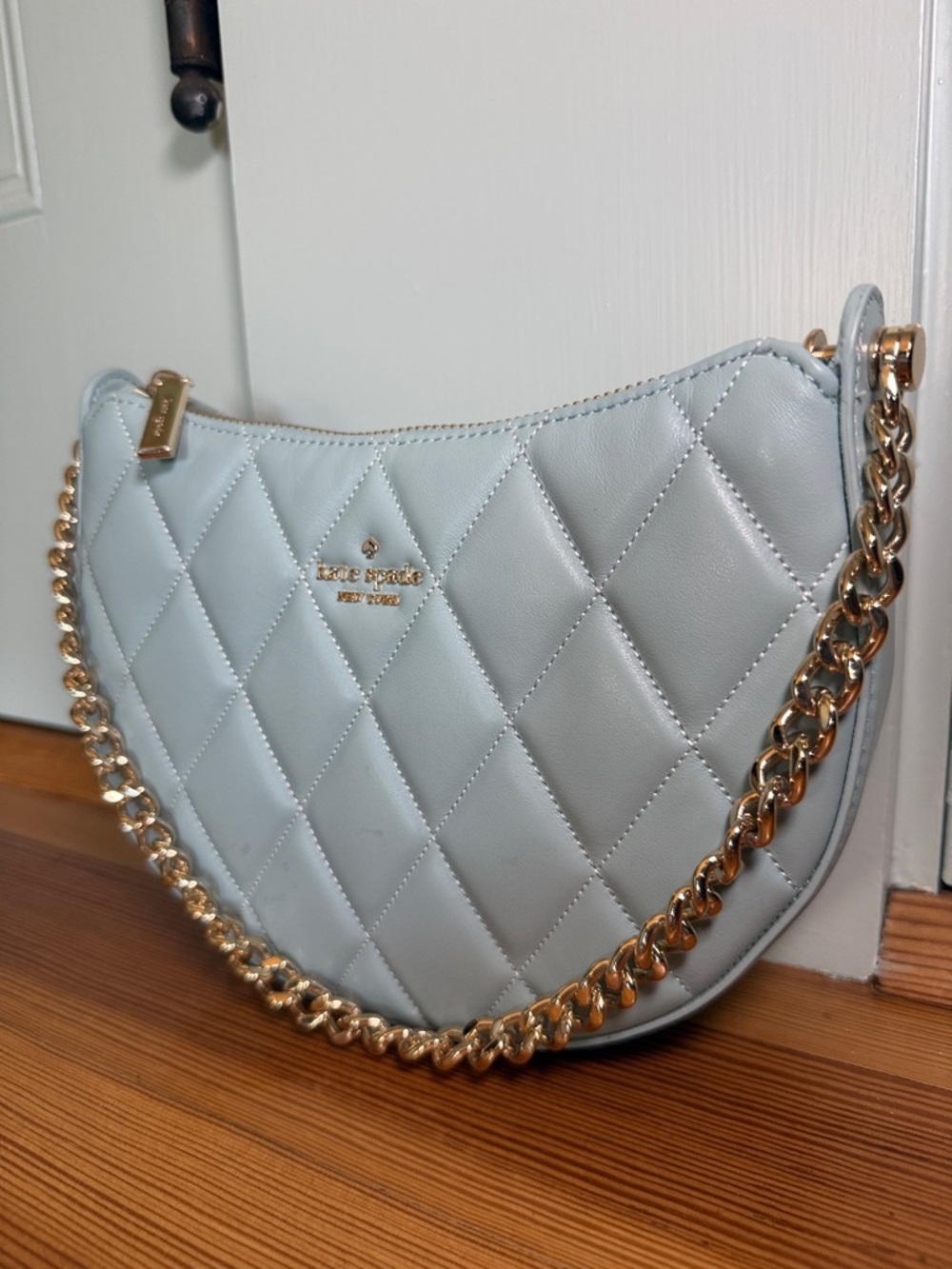 Kate Spade Quilted Pale Blue Crescent Shoulder Bag with Gold Chain